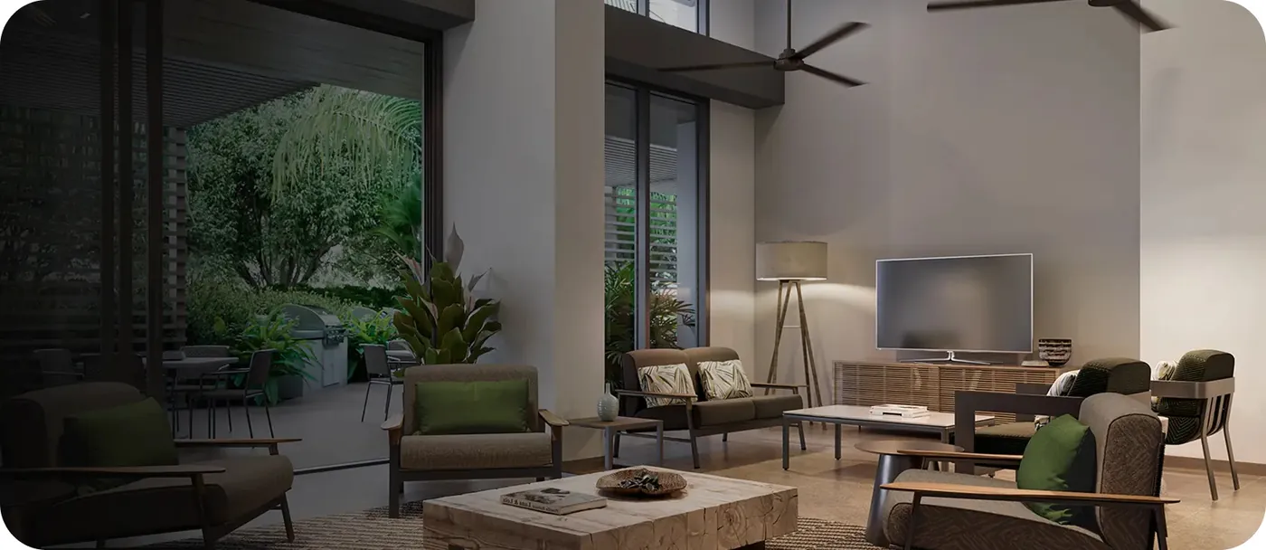 Contemporary living space with garden view